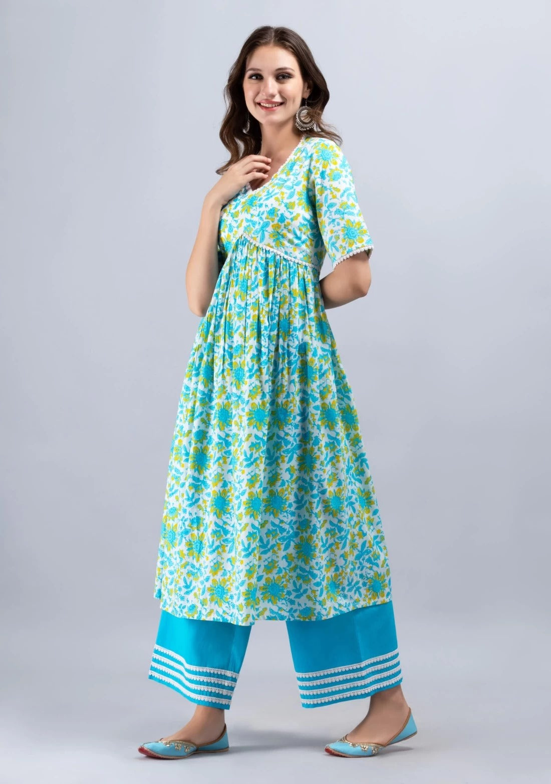 SAK JAIPUR Floral Printed Empire Pure Cotton Kurta with Palazzos