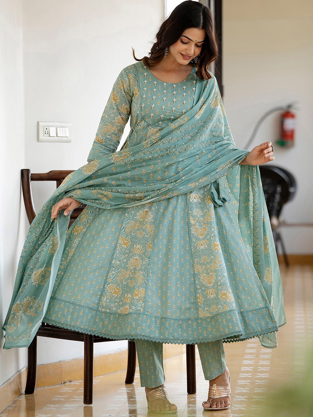 SAK JAIPUR  Green Floral Printed Panelled Pure Cotton Anarkali Kurta With Trousers & Dupatta