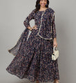 SAK JAIPUR Floral Printed Georgette Anarkali Maxi Ethnic Dress With Dupatta