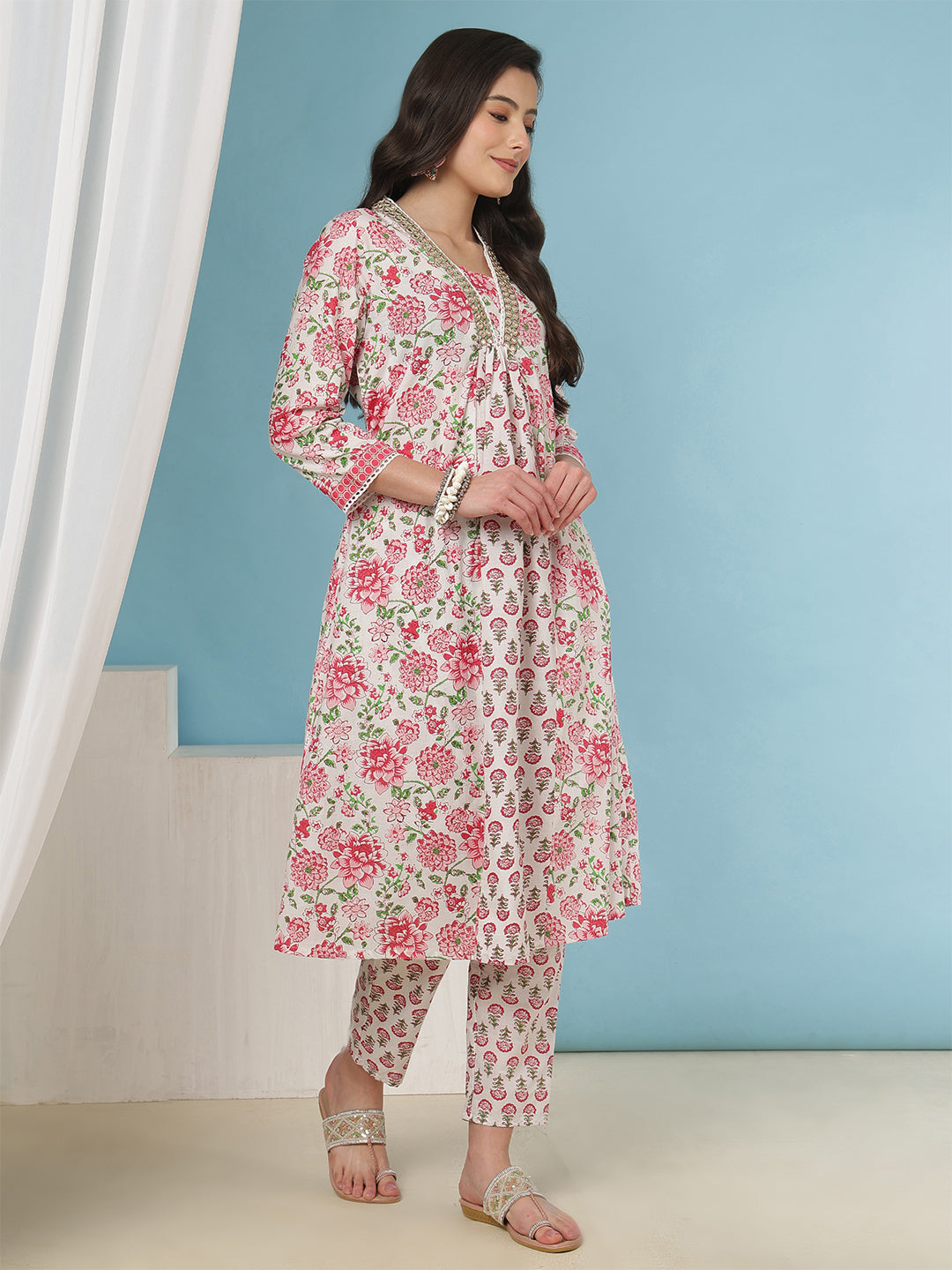 Floral Print White and Pink  Women’s Cotton Kurta Palazzo Set with Dupatta