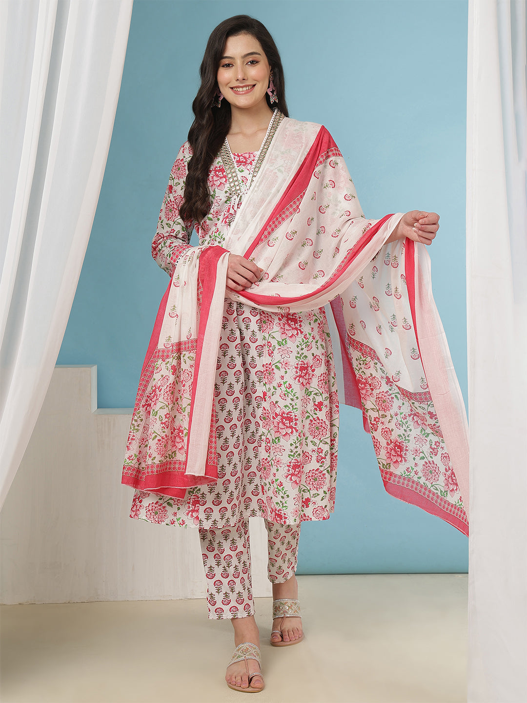 Floral Print White and Pink  Women’s Cotton Kurta Palazzo Set with Dupatta