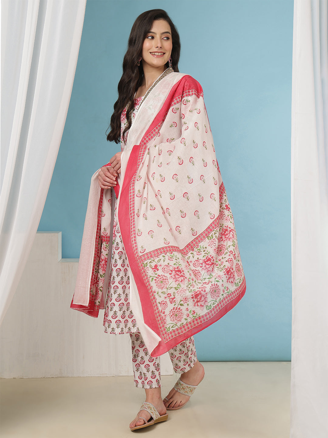 Floral Print White and Pink  Women’s Cotton Kurta Palazzo Set with Dupatta