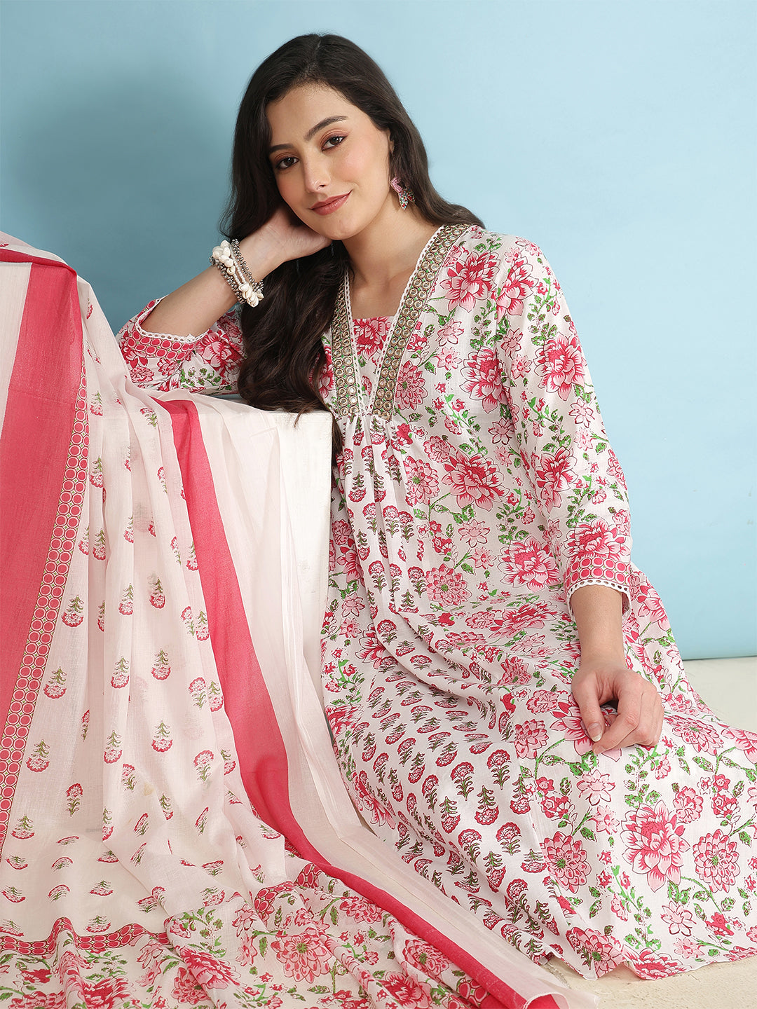 Floral Print White and Pink  Women’s Cotton Kurta Palazzo Set with Dupatta