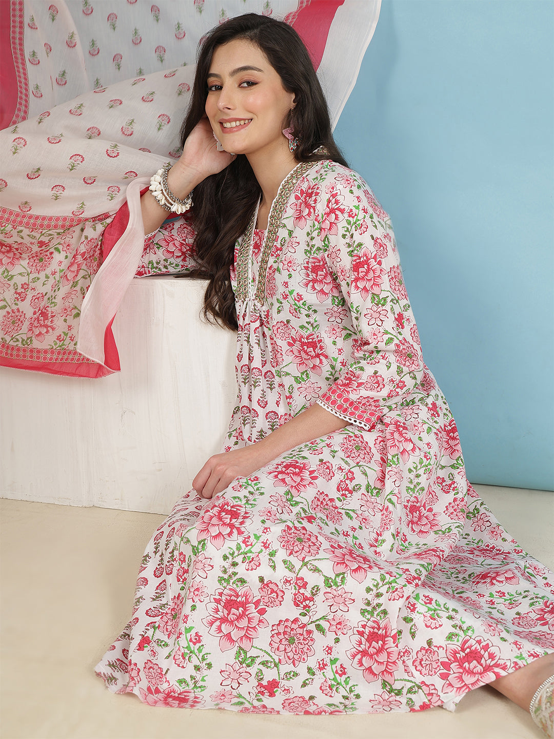 Floral Print White and Pink  Women’s Cotton Kurta Palazzo Set with Dupatta