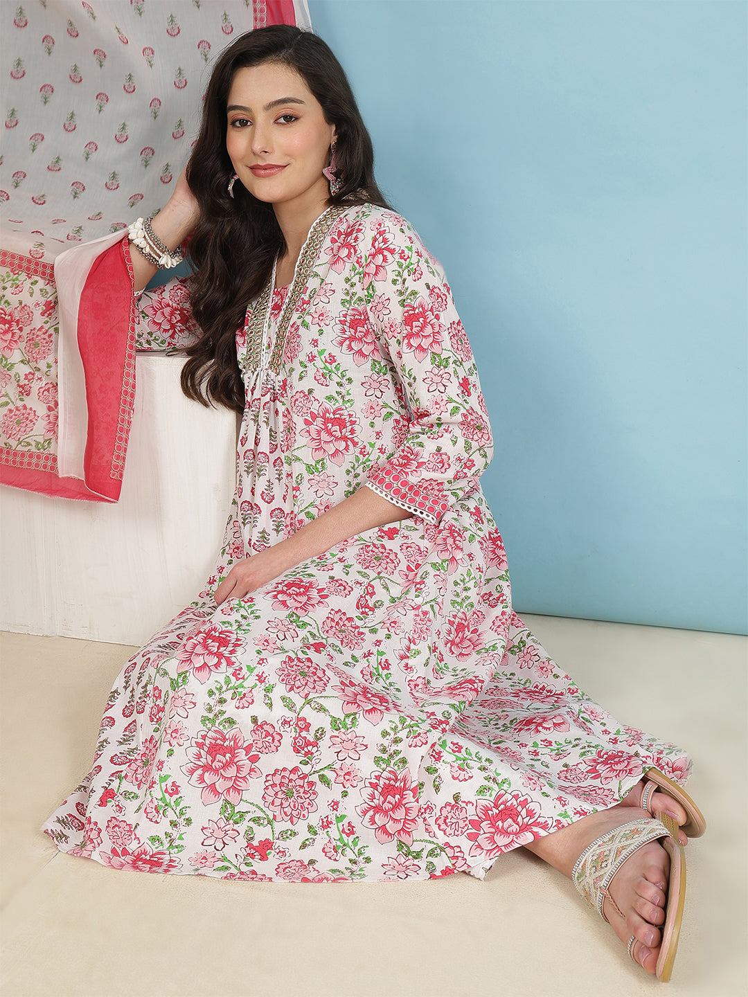 Floral Print White and Pink  Women’s Cotton Kurta Palazzo Set with Dupatta