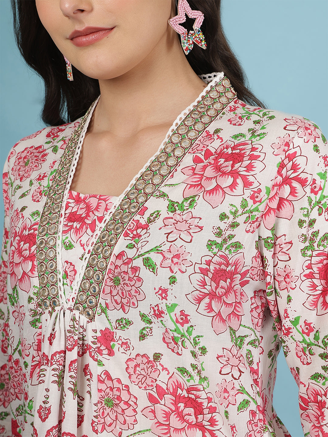 Floral Print White and Pink  Women’s Cotton Kurta Palazzo Set with Dupatta
