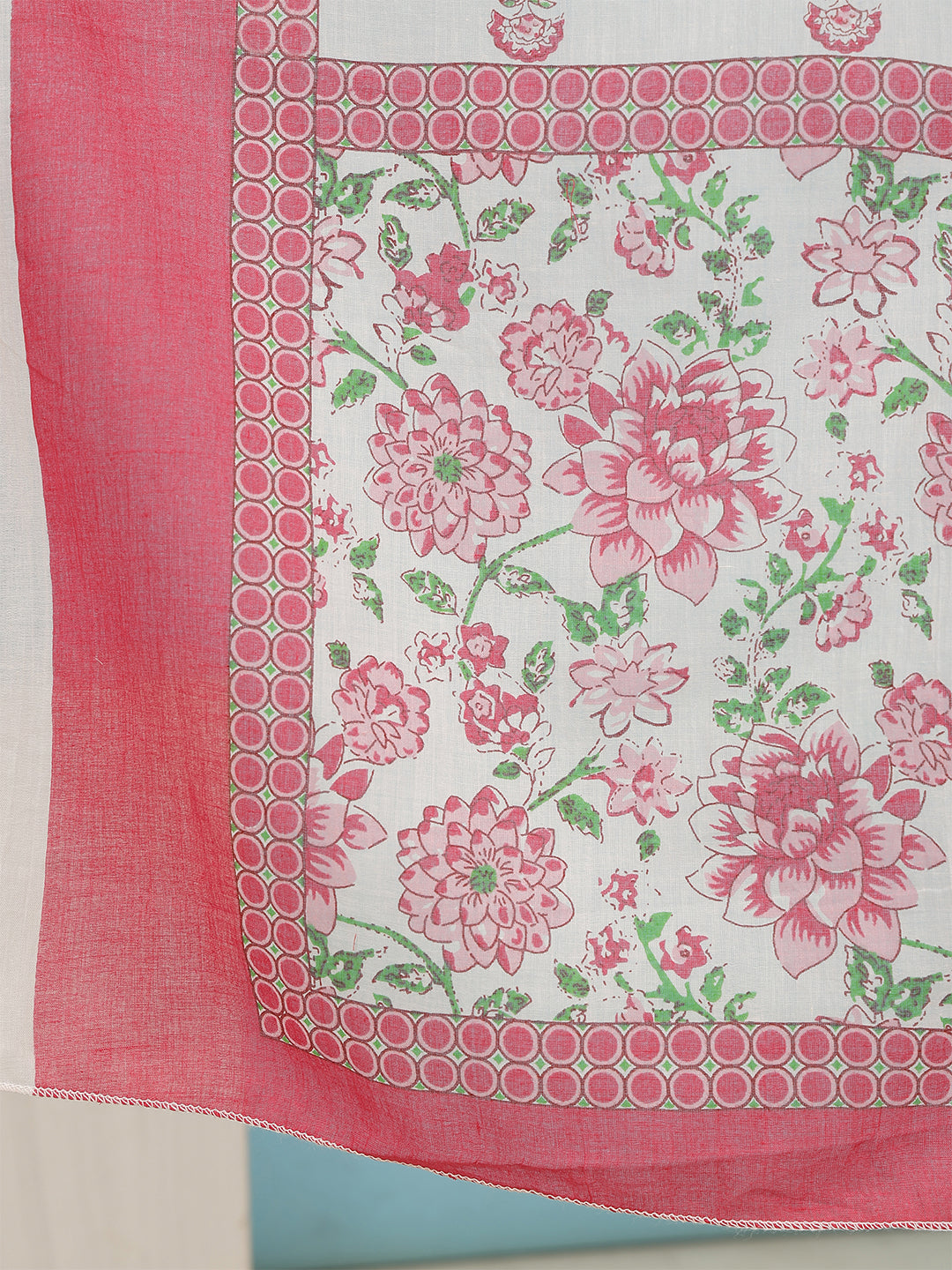 Floral Print White and Pink  Women’s Cotton Kurta Palazzo Set with Dupatta