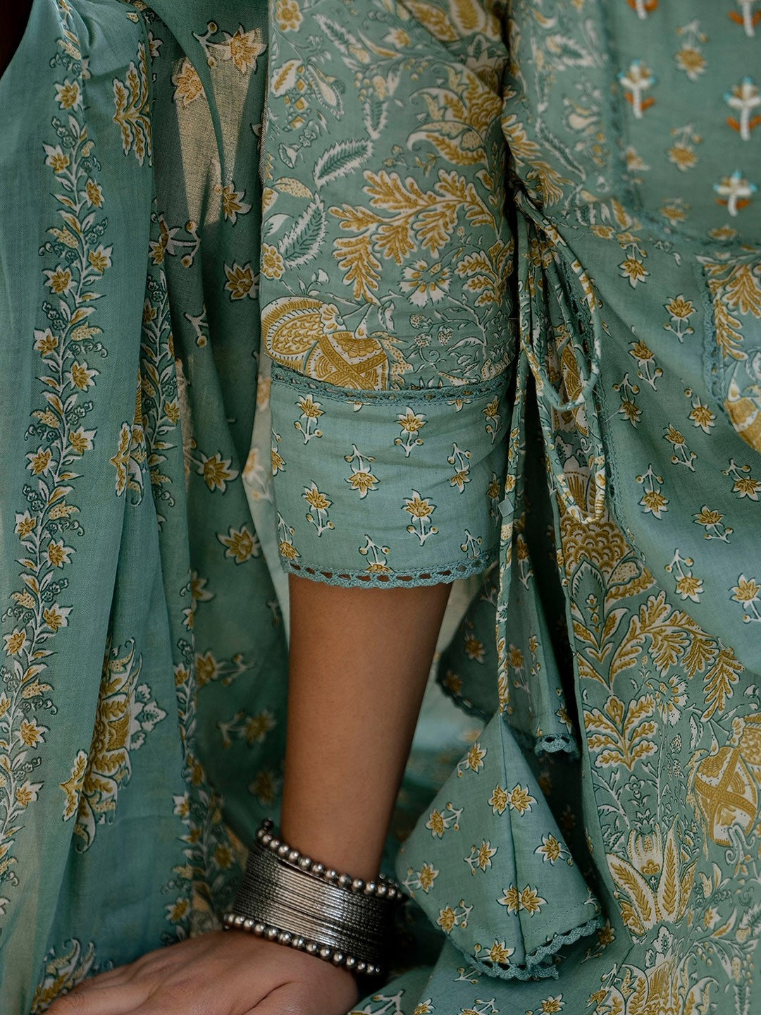 SAK JAIPUR  Green Floral Printed Panelled Pure Cotton Anarkali Kurta With Trousers & Dupatta