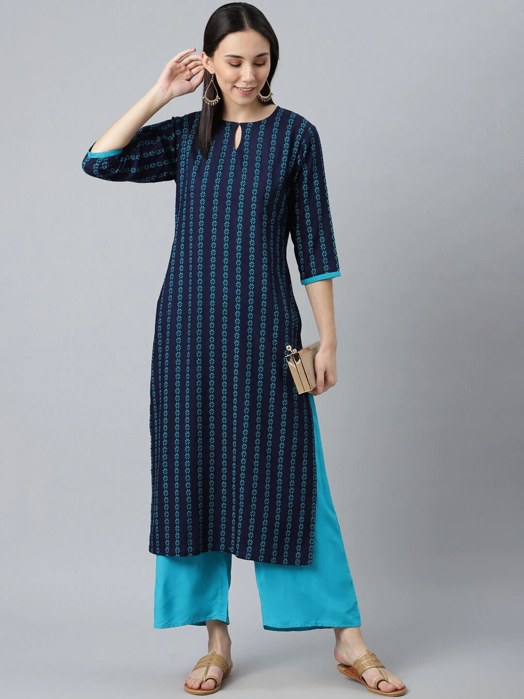 SAK Jaipur Women Printed Rayon 3/4 Sleeve Keyhole Neck Calf Length Straight Kurta Set (Blue)