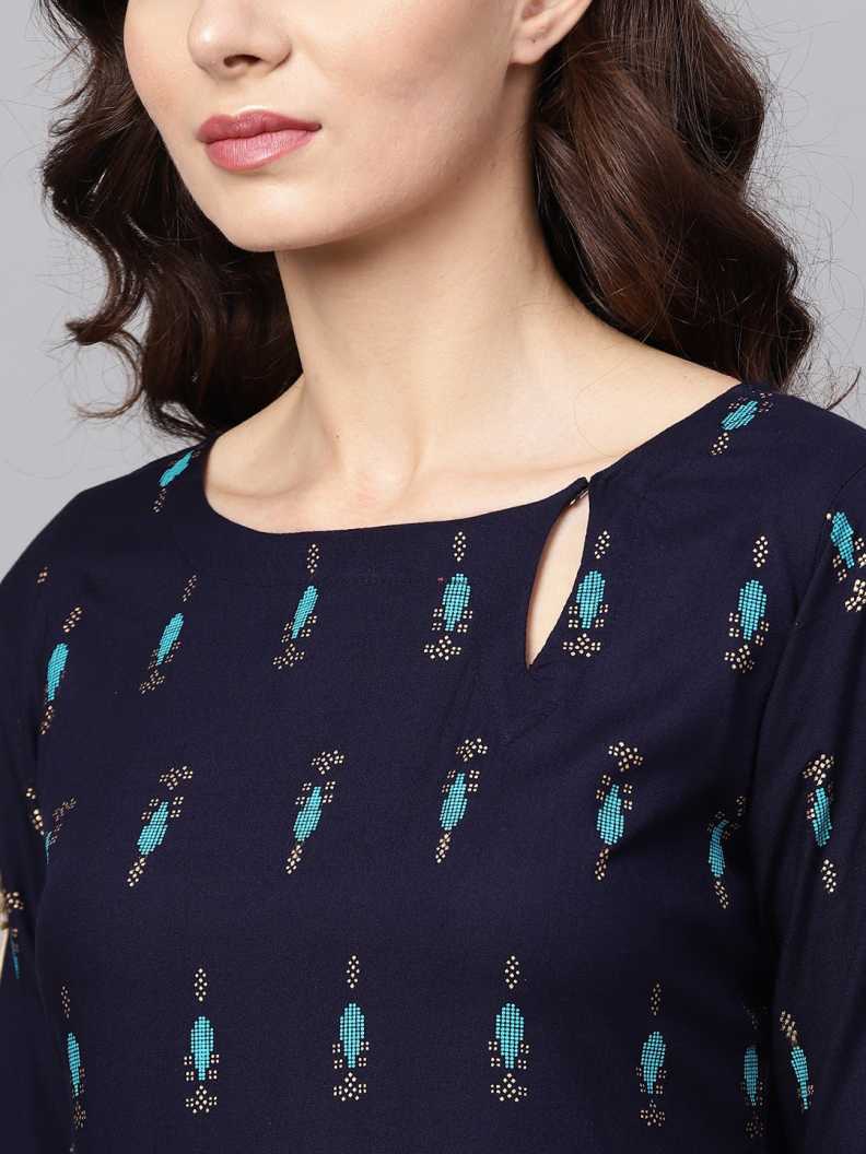 SAK Jaipur Women Printed Rayon 3/4 Sleeve Keyhole Neck Calf Length Straight Kurta Set (Blue)