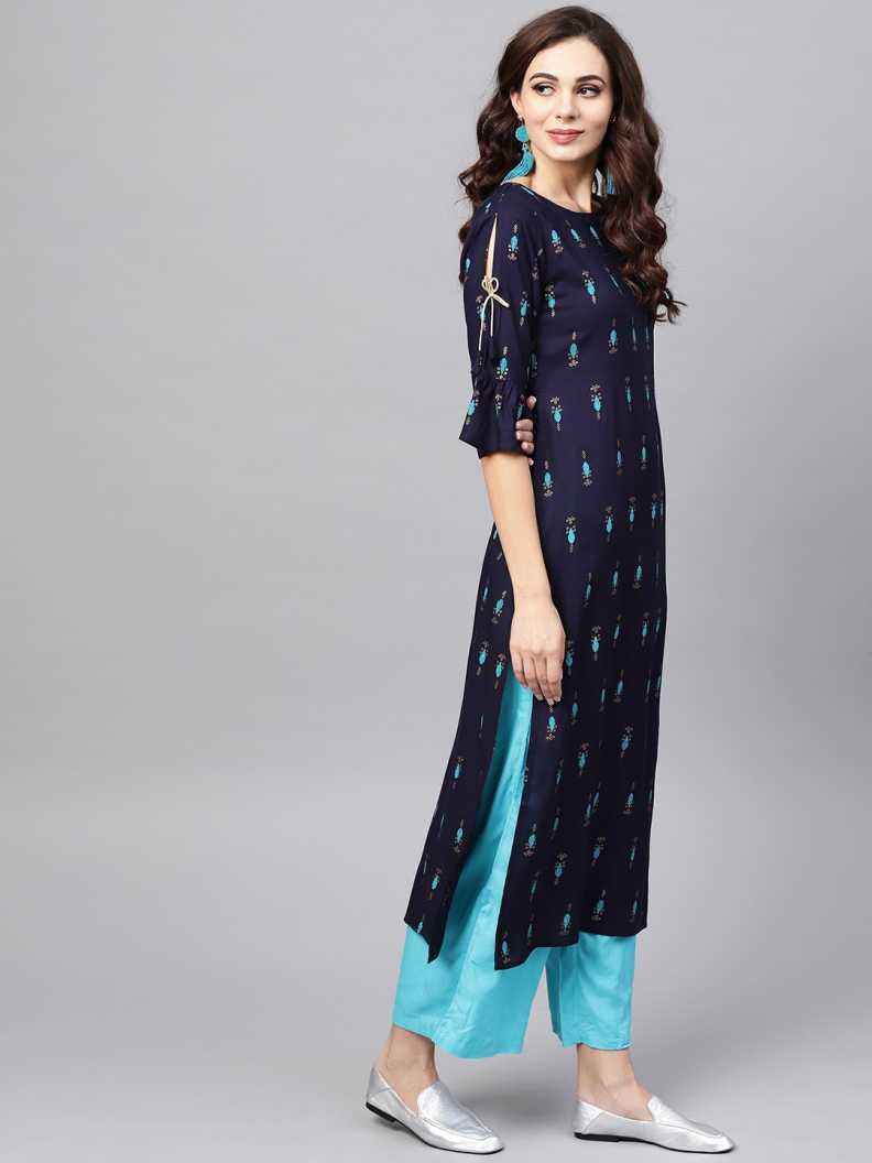 SAK Jaipur Women Printed Rayon 3/4 Sleeve Keyhole Neck Calf Length Straight Kurta Set (Blue)