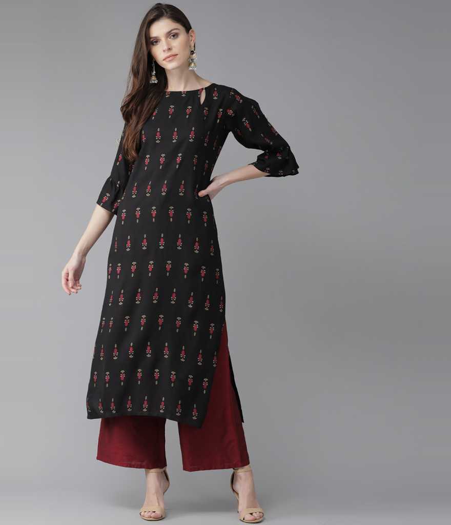 SAK Jaipur Women Printed Rayon 3/4 Sleeve Keyhole Neck Calf Length Straight Kurta Set (Black)