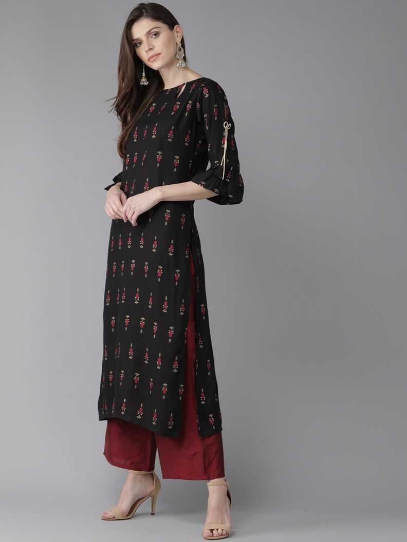 SAK Jaipur Women Printed Rayon 3/4 Sleeve Keyhole Neck Calf Length Straight Kurta Set (Black)