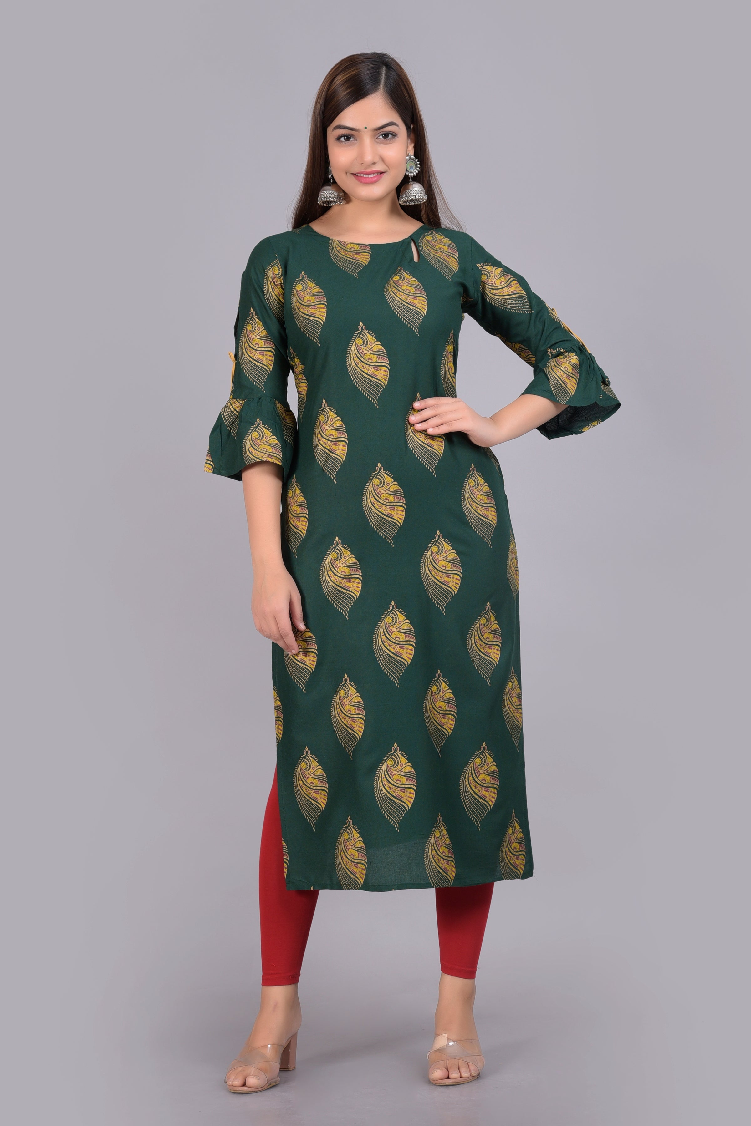 SAK Jaipur Women Printed Rayon 3/4 sleeve Keyhole Neck Calf Length Straight Kurta (Green)