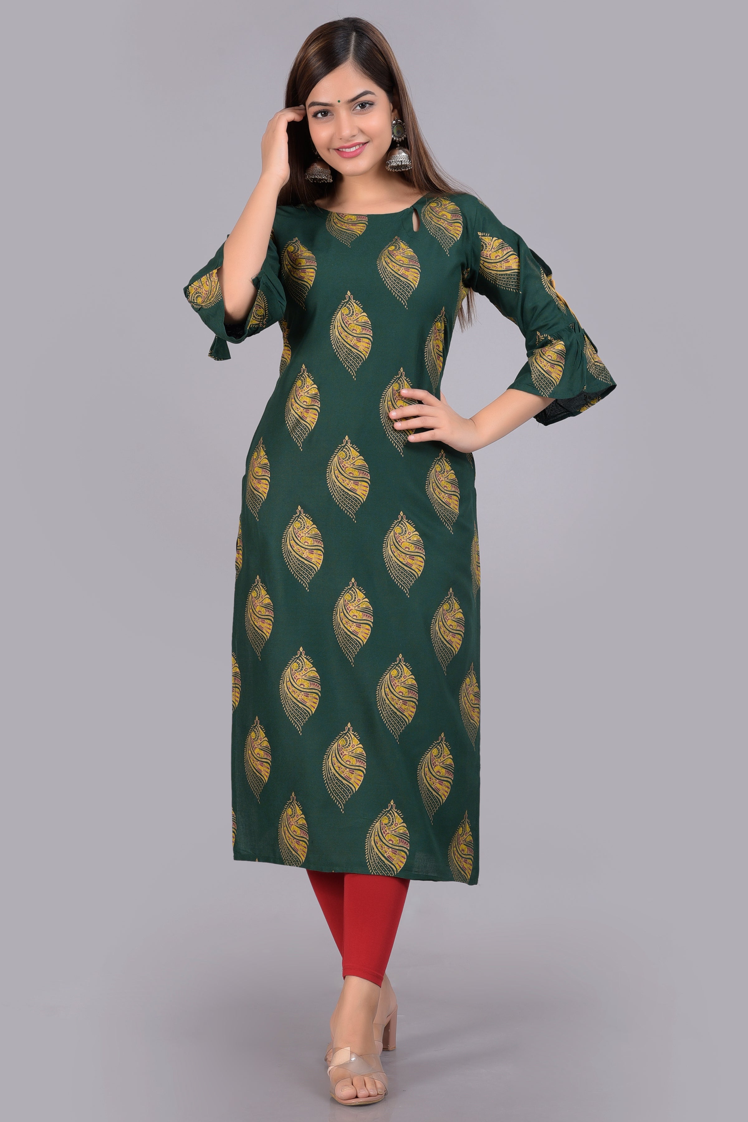 SAK Jaipur Women Printed Rayon 3/4 sleeve Keyhole Neck Calf Length Straight Kurta (Green)