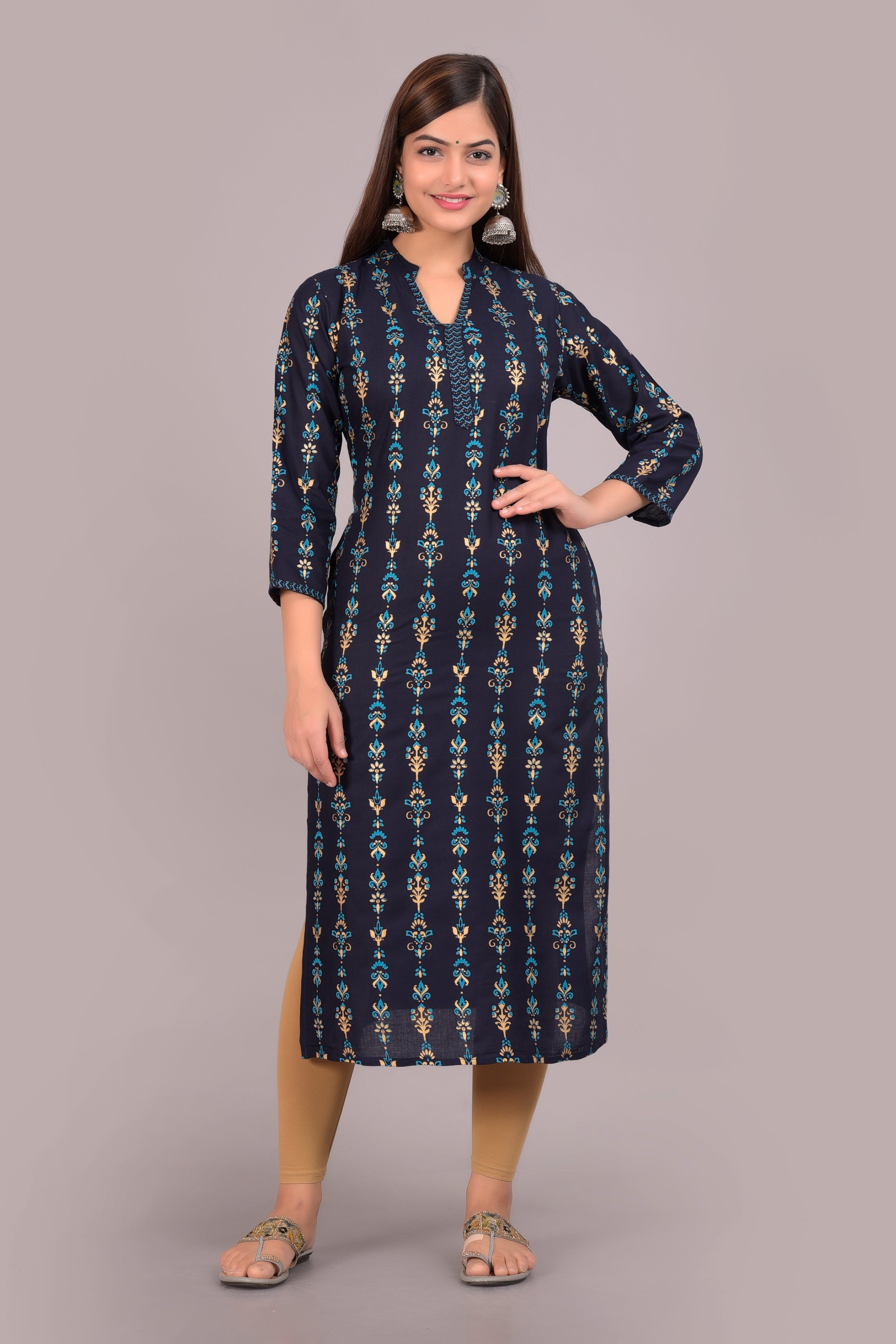 SAK Jaipur Women Printed Rayon 3/4 sleeve V-Neck Calf Length Straight Kurta (Blue)