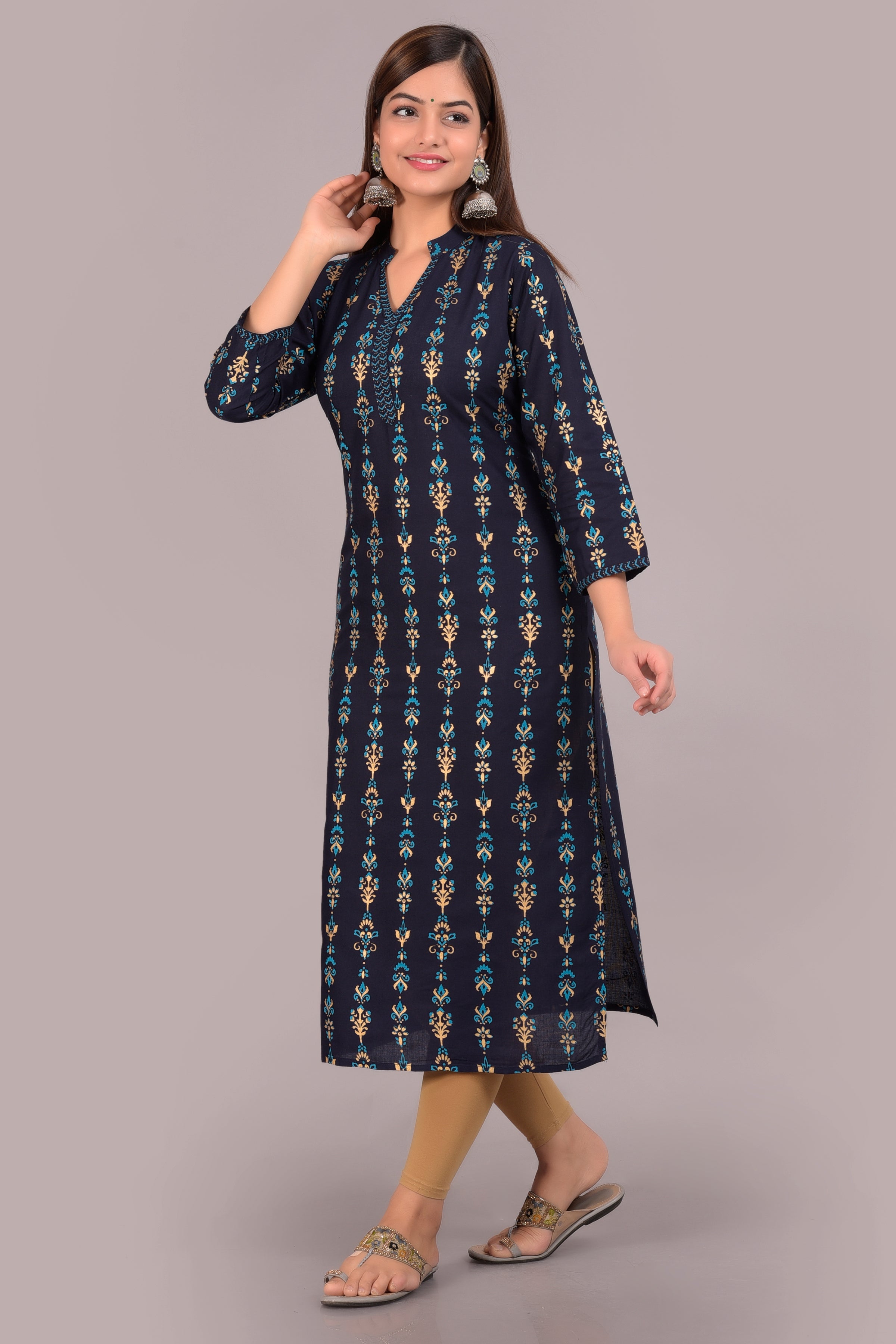 SAK Jaipur Women Printed Rayon 3/4 sleeve V-Neck Calf Length Straight Kurta (Blue)