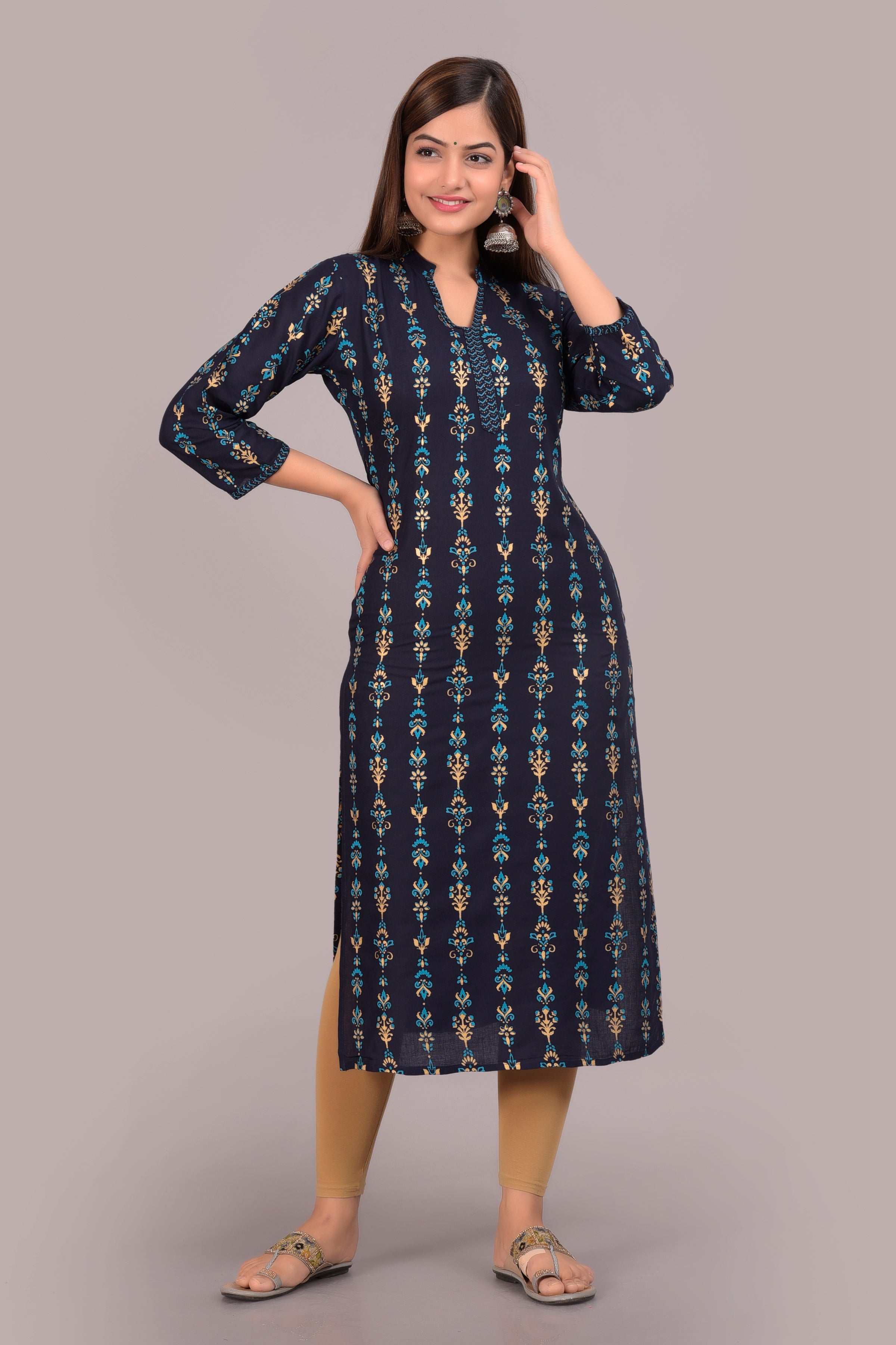 SAK Jaipur Women Printed Rayon 3/4 sleeve V-Neck Calf Length Straight Kurta (Blue)