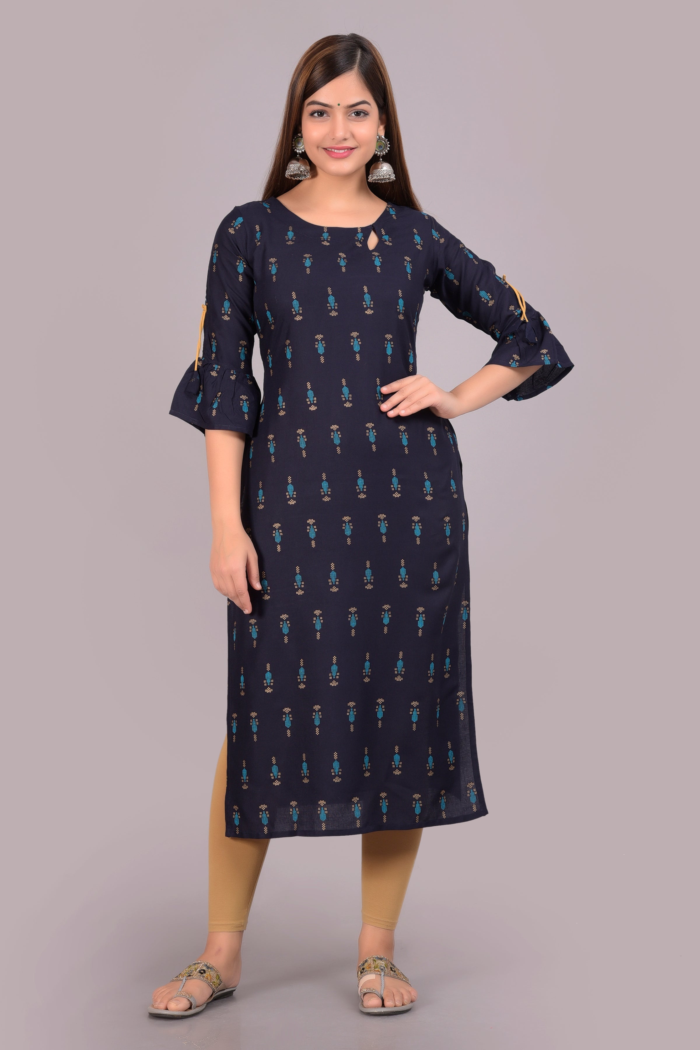 SAK Jaipur Women Printed Rayon 3/4 sleeve Keyhole Neck Calf Length Straight Kurta (Blue)