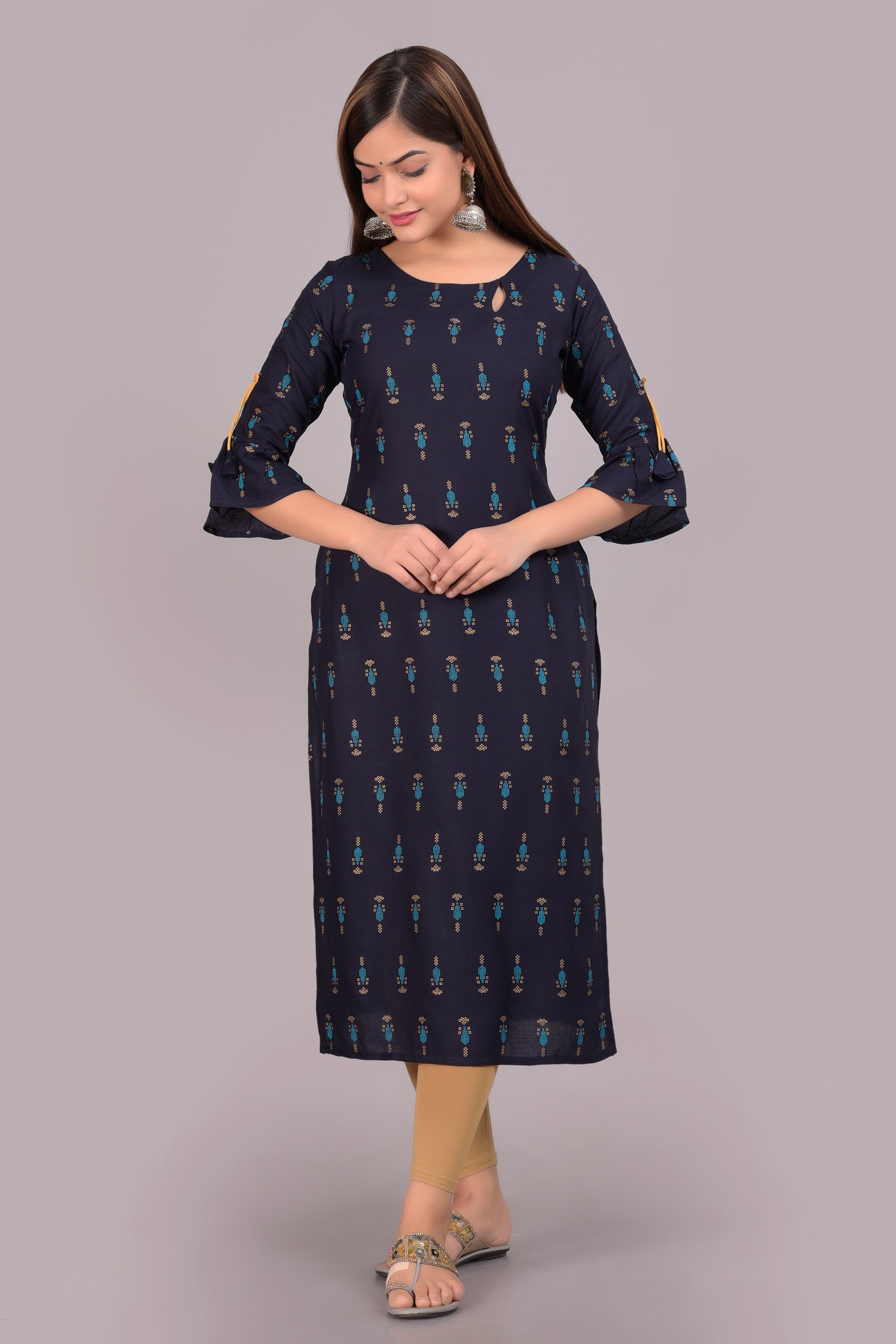 SAK Jaipur Women Printed Rayon 3/4 sleeve Keyhole Neck Calf Length Straight Kurta (Blue)