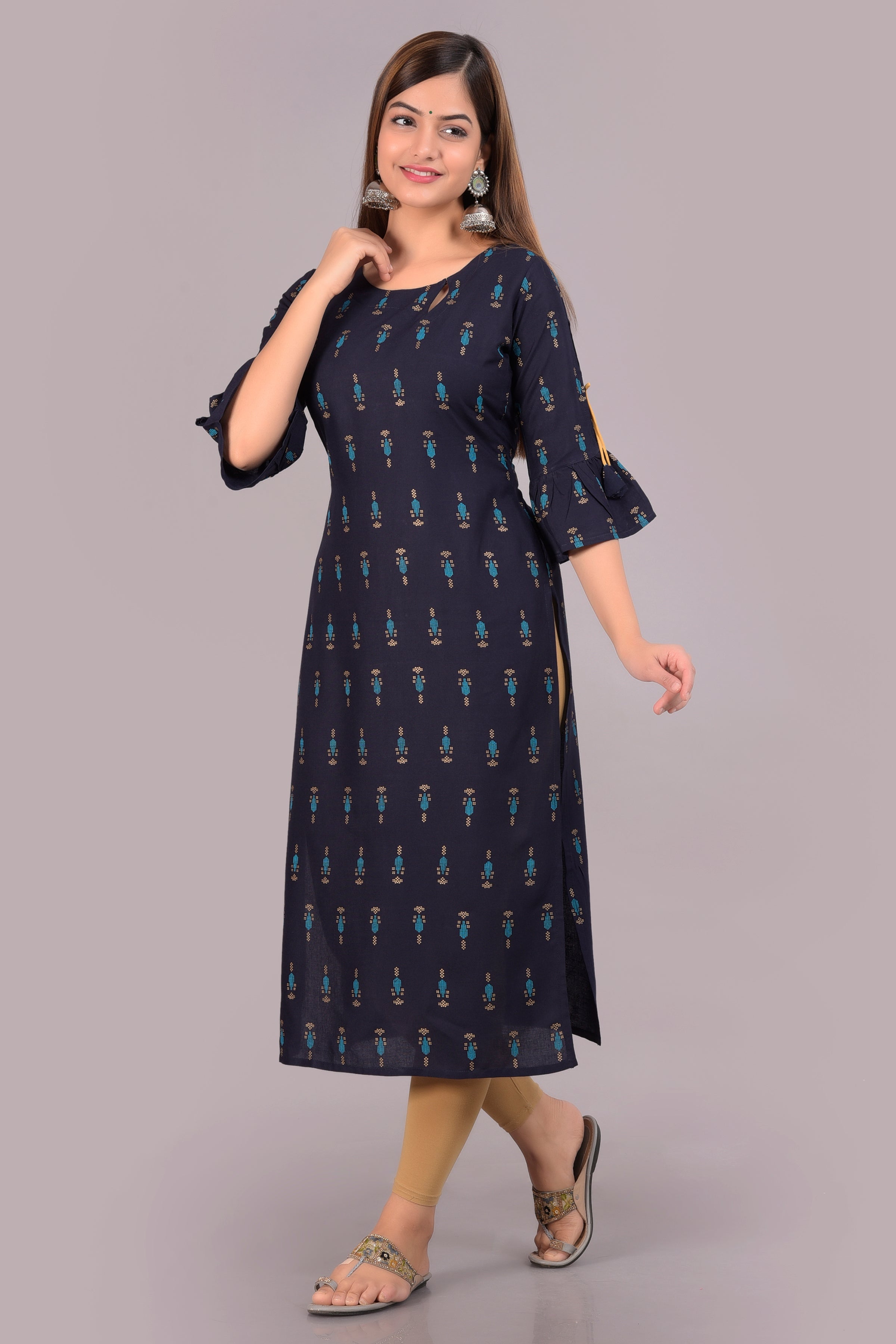 SAK Jaipur Women Printed Rayon 3/4 sleeve Keyhole Neck Calf Length Straight Kurta (Blue)