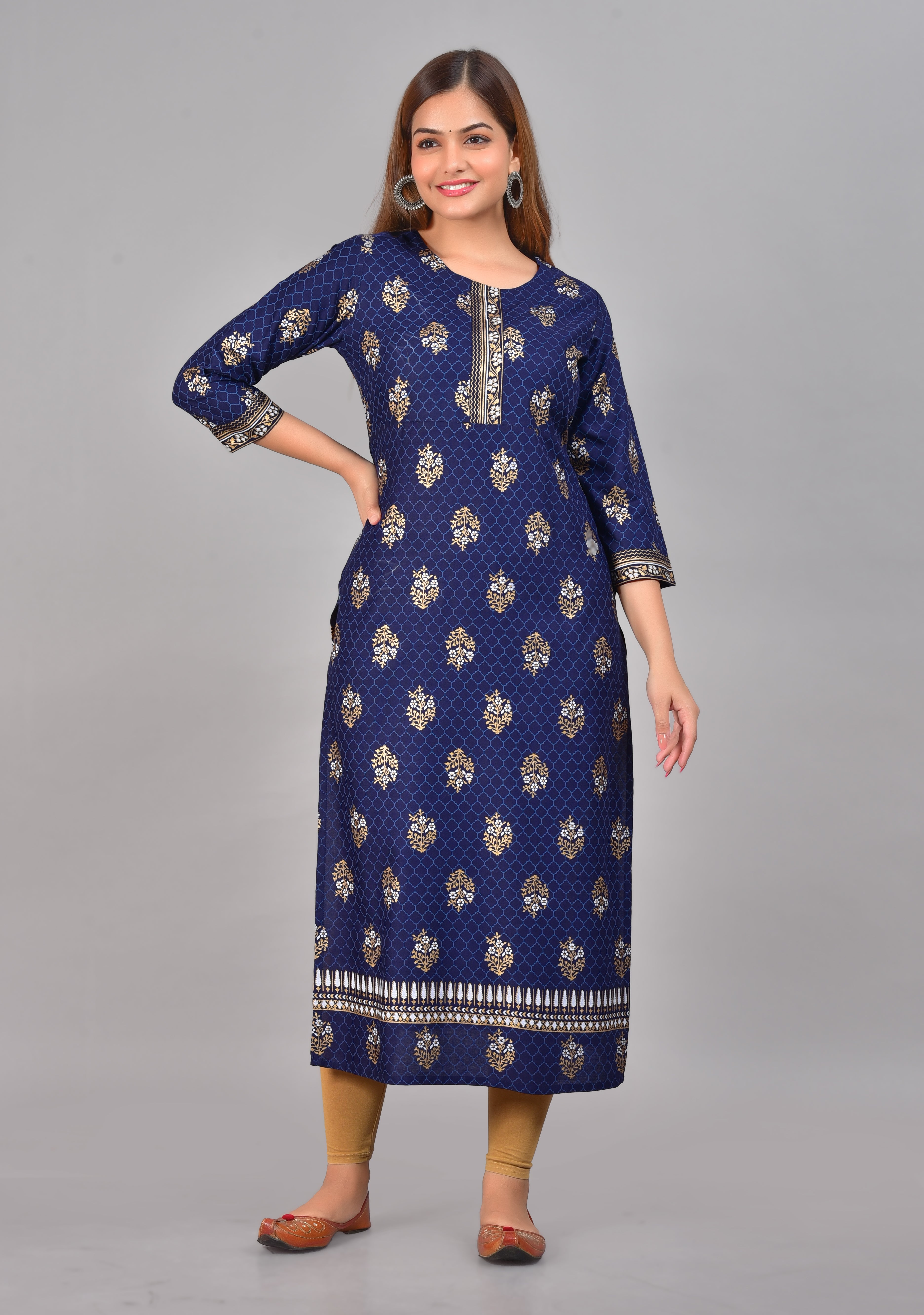 SAK Jaipur Women Printed Rayon 3/4 sleeve Round Neck Calf Length Straight Kurta (Blue)