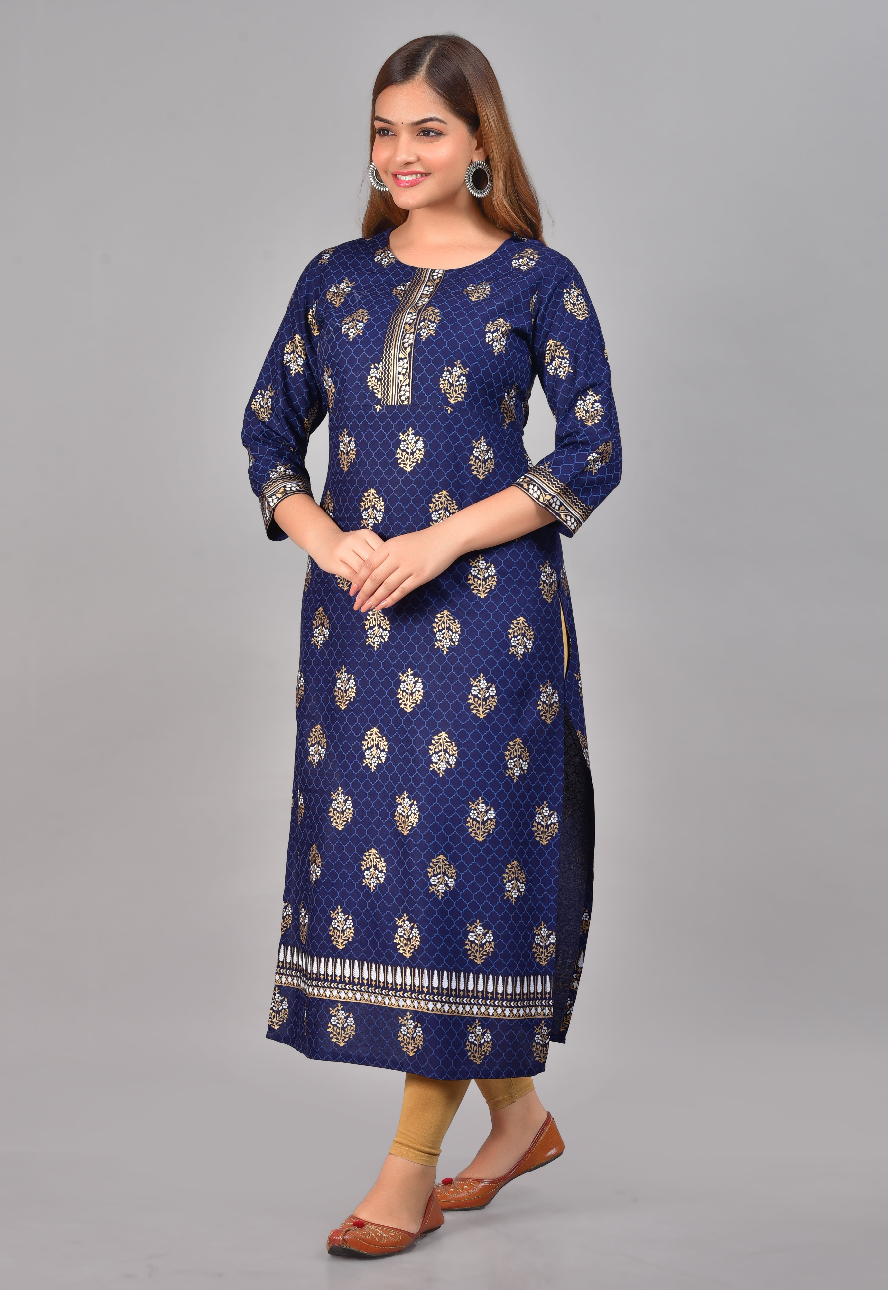 SAK Jaipur Women Printed Rayon 3/4 sleeve Round Neck Calf Length Straight Kurta (Blue)