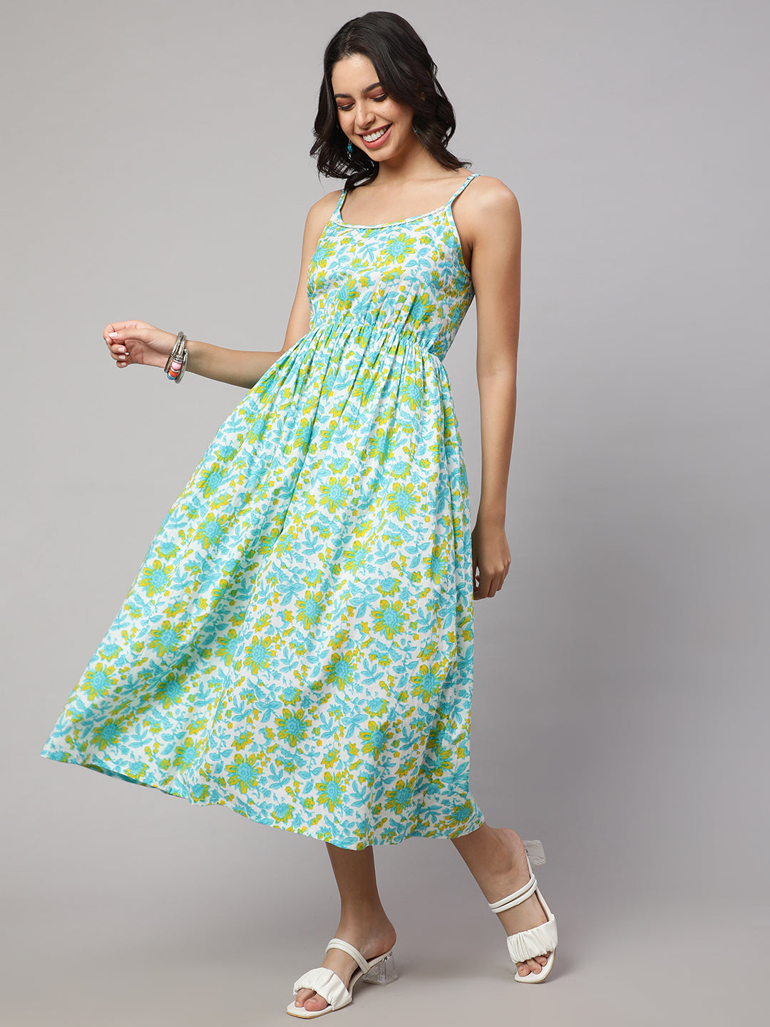 SAK JAIPUR Floral Printed Cotton Fit & Flare Midi Dress