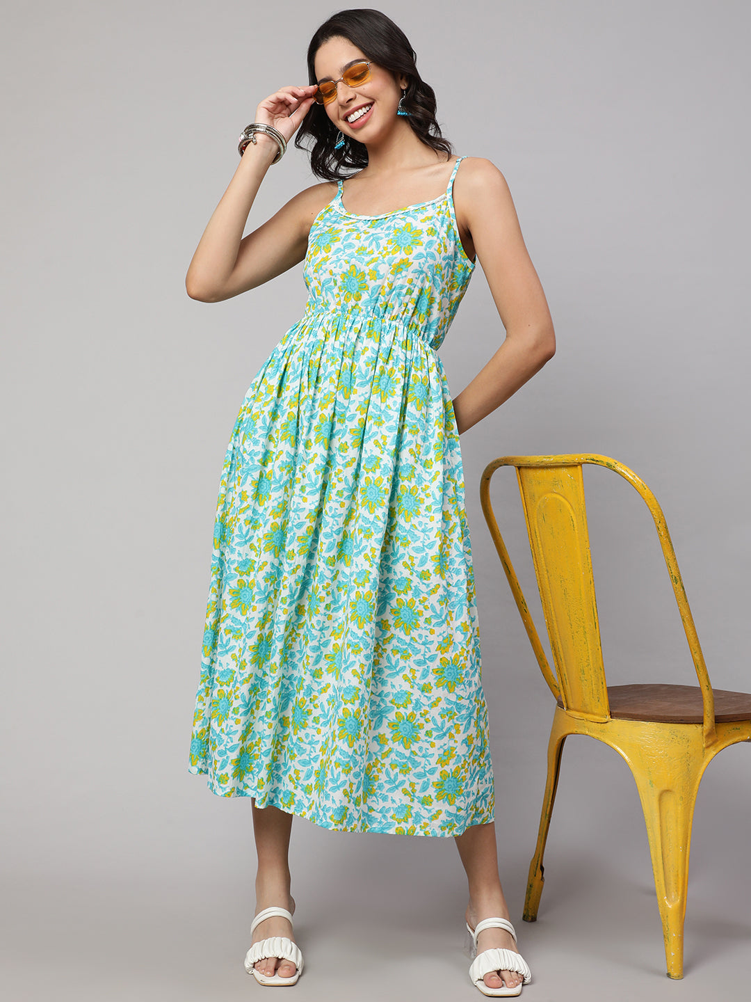 SAK JAIPUR Floral Printed Cotton Fit & Flare Midi Dress