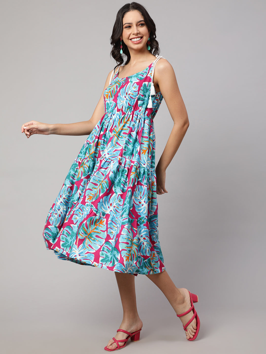 SAK JAIPUR Floral Printed Cotton Fit & Flare Midi Dress