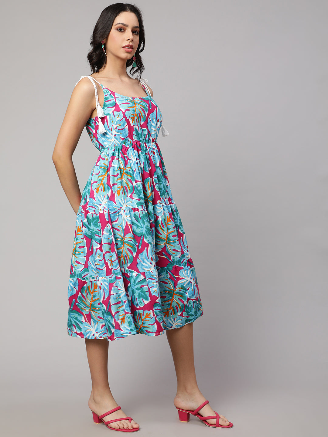 SAK JAIPUR Floral Printed Cotton Fit & Flare Midi Dress