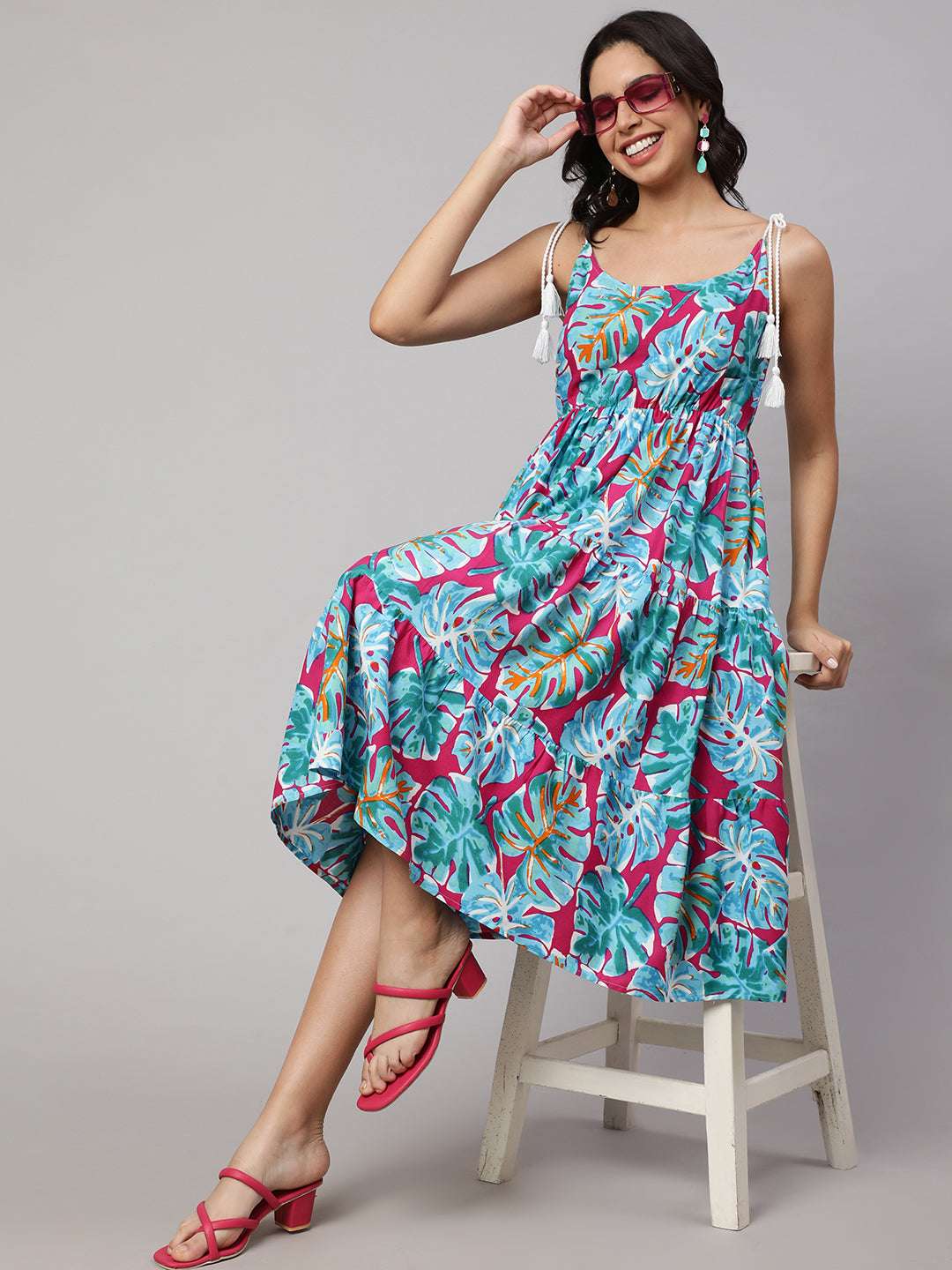 SAK JAIPUR Floral Printed Cotton Fit & Flare Midi Dress