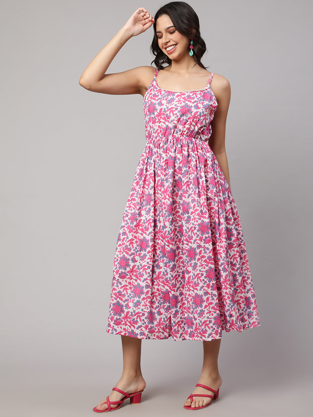 SAK JAIPUR Floral Printed Cotton Fit & Flare Midi Dress