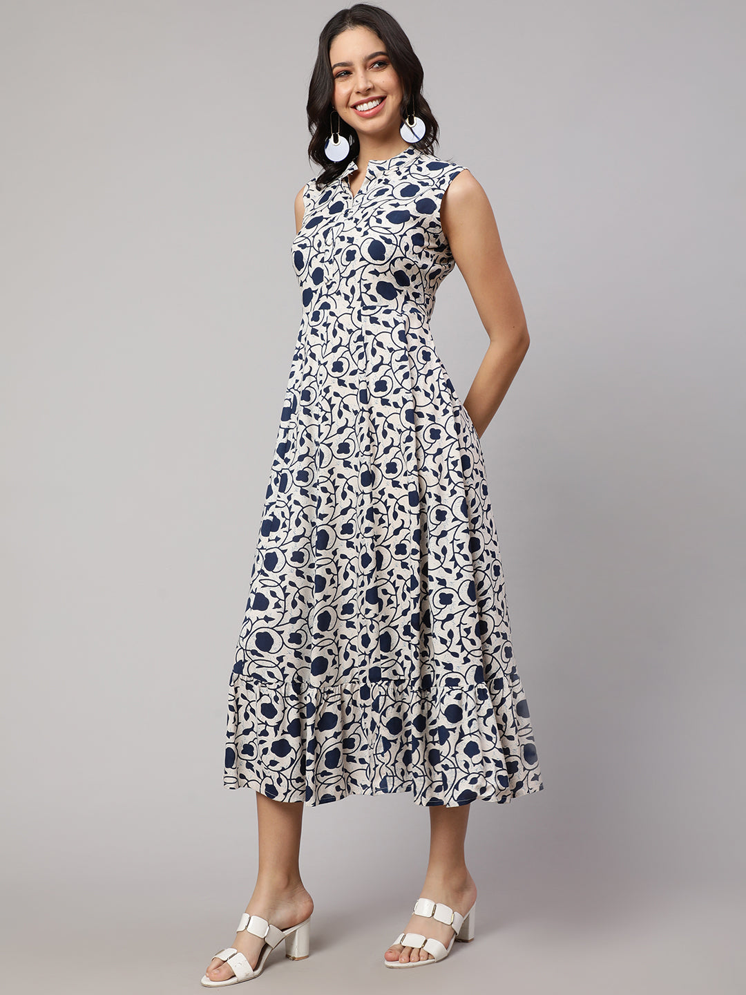 SAK JAIPUR Floral Printed Cotton Fit & Flare Midi Dress