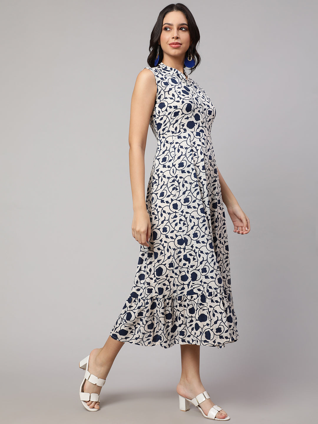 SAK JAIPUR Floral Printed Cotton Fit & Flare Midi Dress