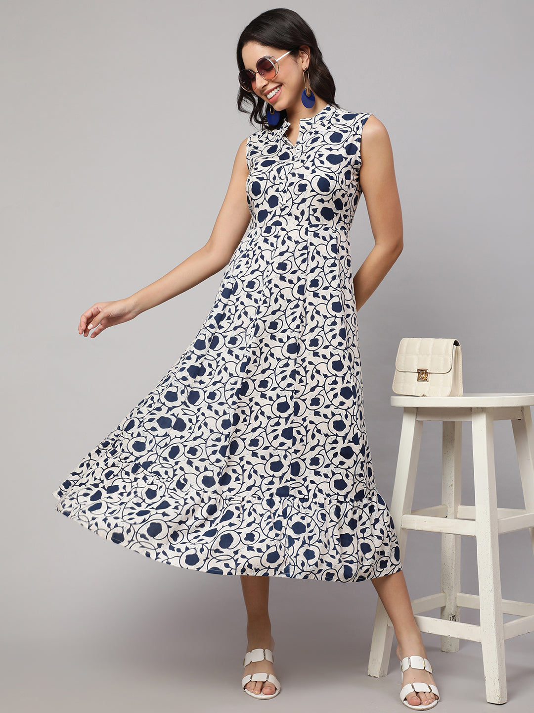 SAK JAIPUR Floral Printed Cotton Fit & Flare Midi Dress