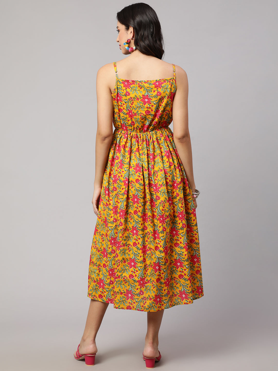 SAK JAIPUR Floral Printed Cotton Fit & Flare Midi Dress