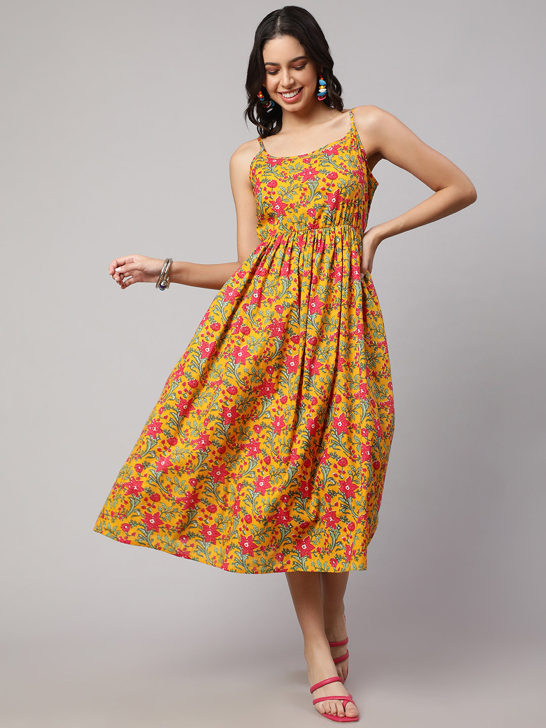 SAK JAIPUR Floral Printed Cotton Fit & Flare Midi Dress