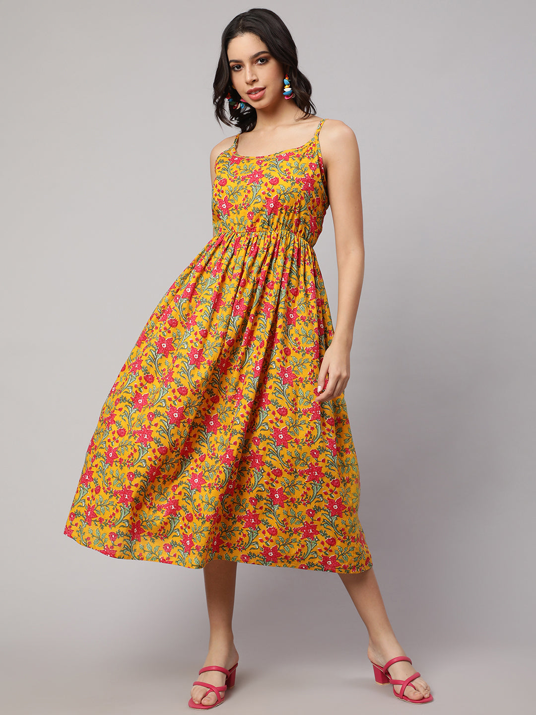 SAK JAIPUR Floral Printed Cotton Fit & Flare Midi Dress