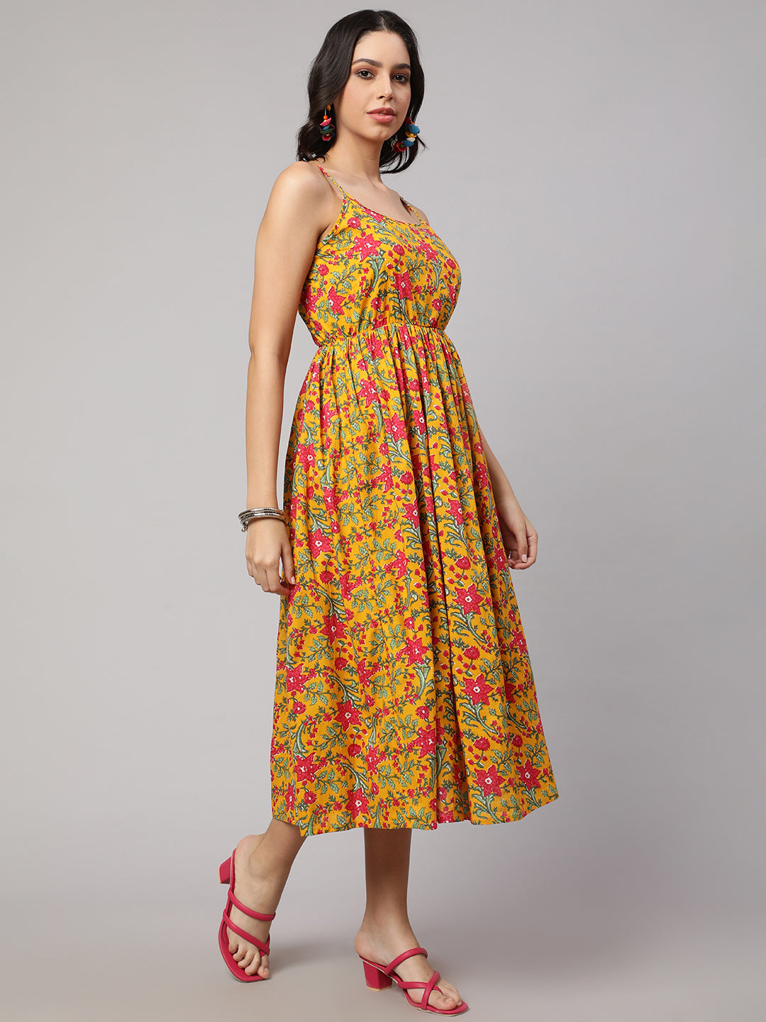 SAK JAIPUR Floral Printed Cotton Fit & Flare Midi Dress