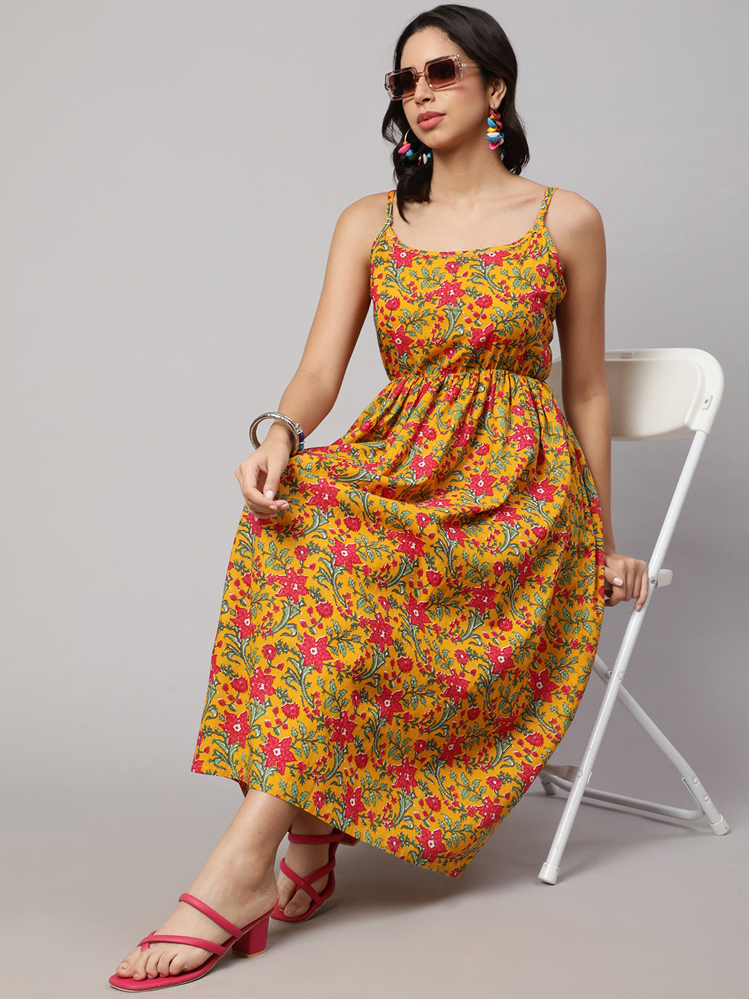 SAK JAIPUR Floral Printed Cotton Fit & Flare Midi Dress