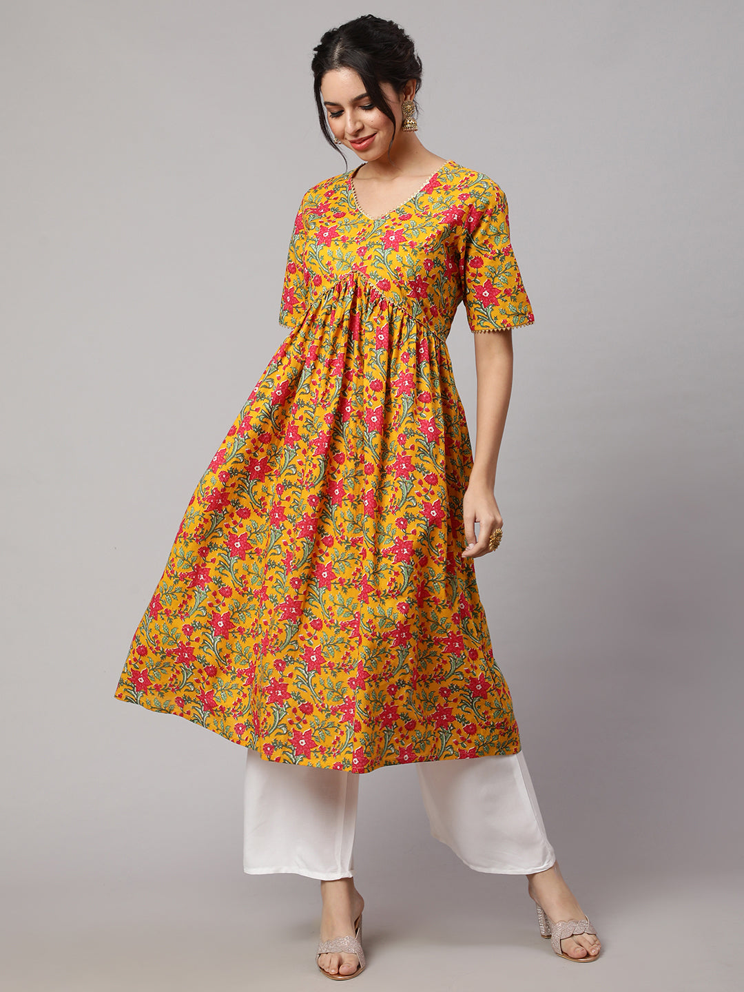 SAK JAIPUR Floral Printed Gotta Patti Pure Cotton Empire Kurta