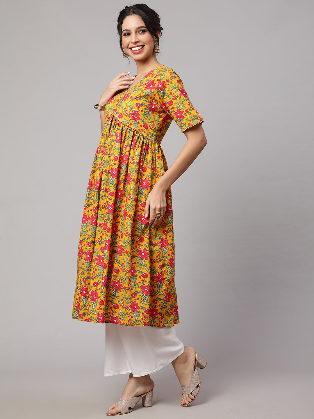 SAK JAIPUR Floral Printed Gotta Patti Pure Cotton Empire Kurta