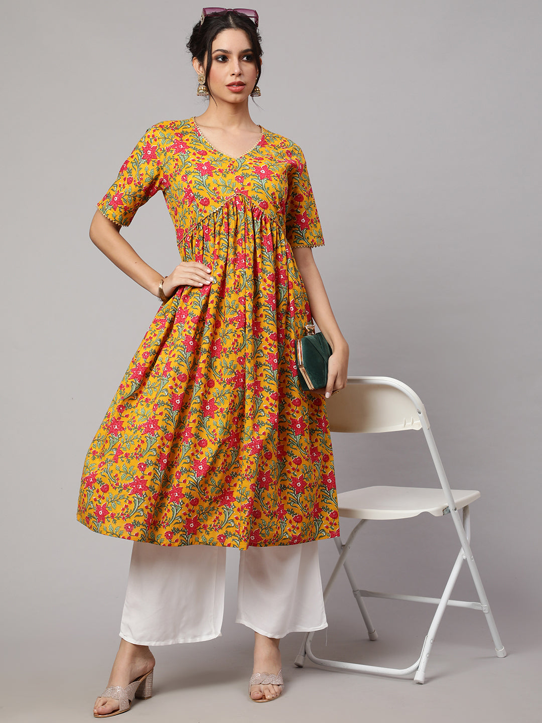 SAK JAIPUR Floral Printed Gotta Patti Pure Cotton Empire Kurta