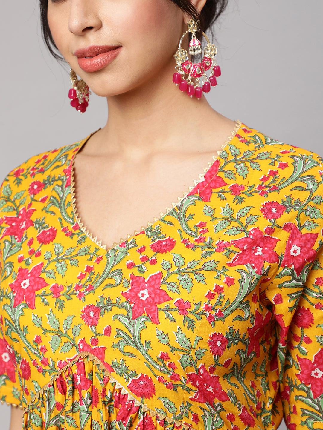 SAK JAIPUR Floral Printed Empire Pure Cotton Kurta With Palazzos