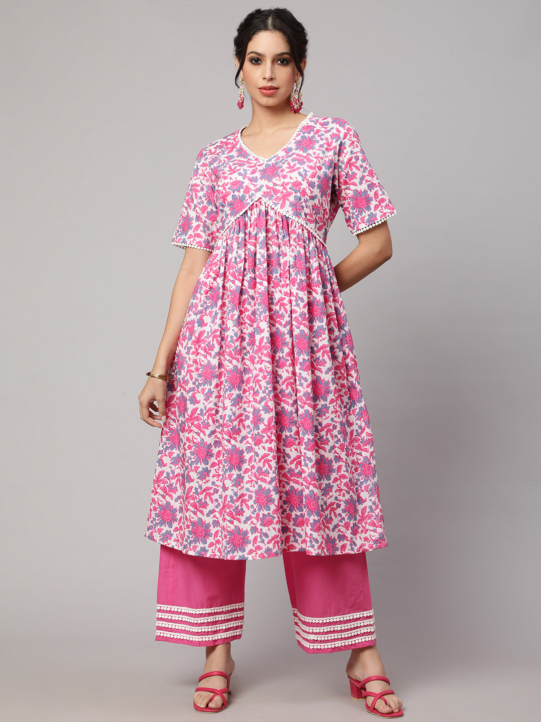 SAK JAIPUR Floral Printed V-Neck Empire Pure Cotton Kurta With Palazzos