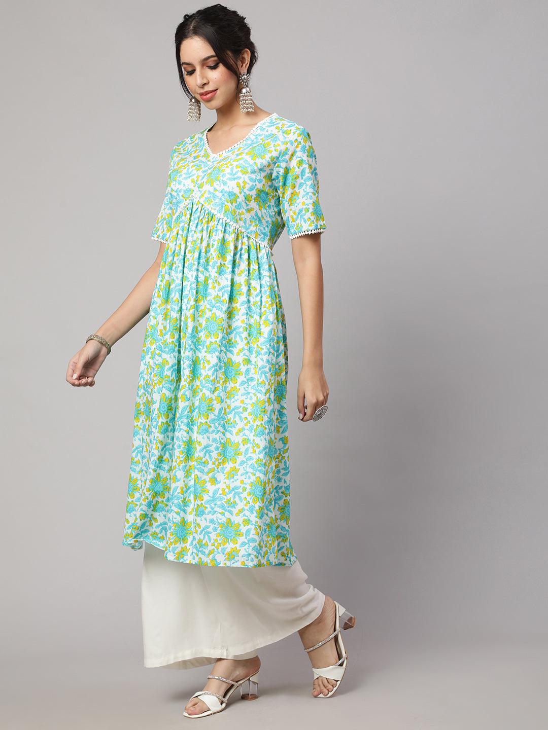 SAK JAIPUR Floral Printed V-Neck Pure Cotton Anarkali Kurta