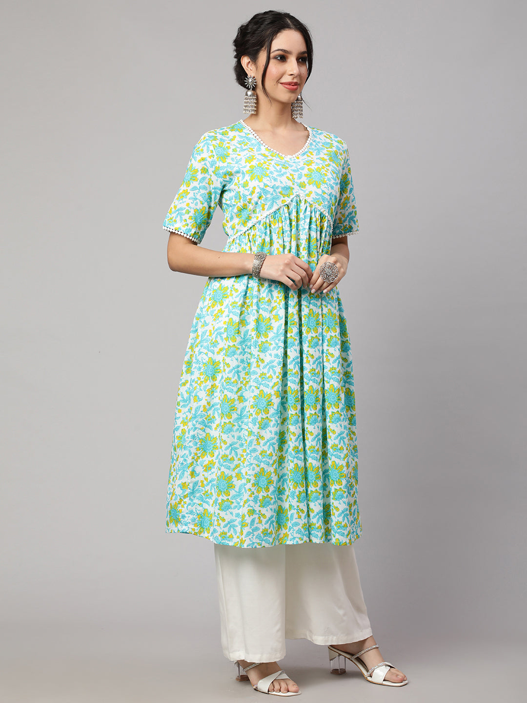 SAK JAIPUR Floral Printed V-Neck Pure Cotton Anarkali Kurta