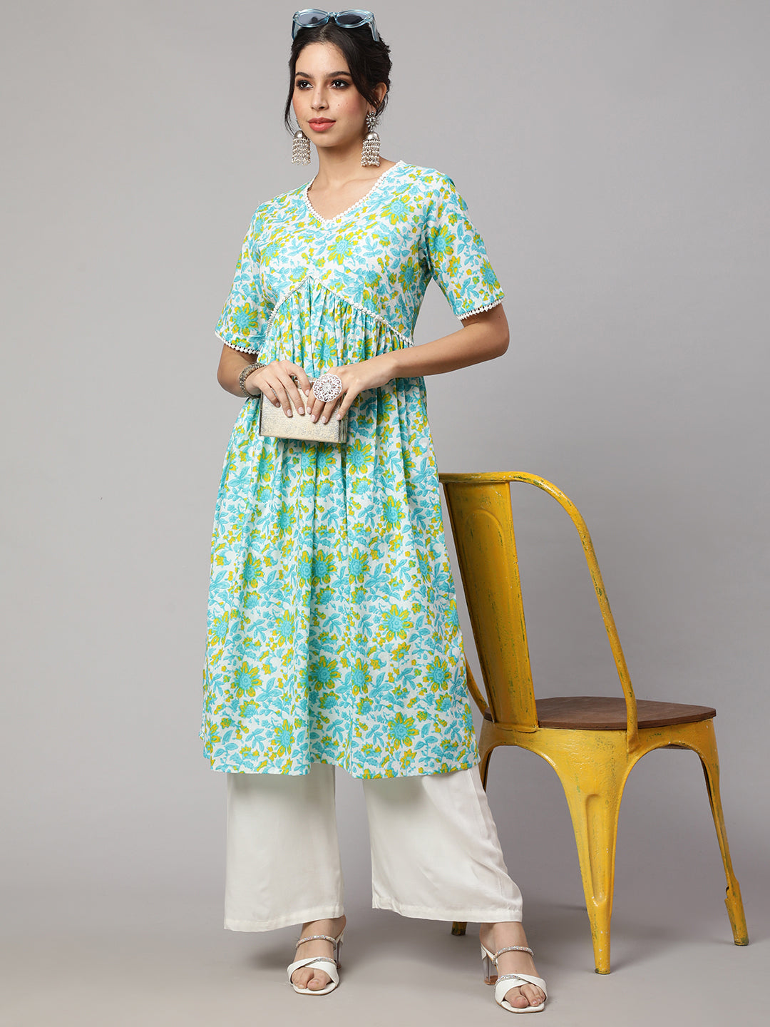 SAK JAIPUR Floral Printed V-Neck Pure Cotton Anarkali Kurta