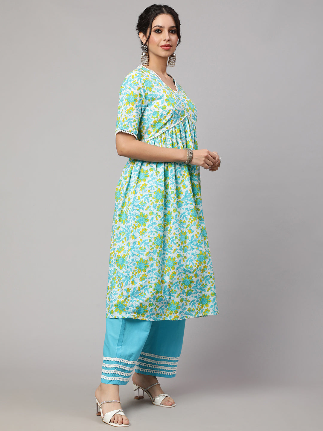 SAK JAIPUR Floral Printed Empire Pure Cotton Kurta With Palazzos